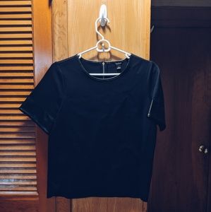 Faux leather trim structured blouse